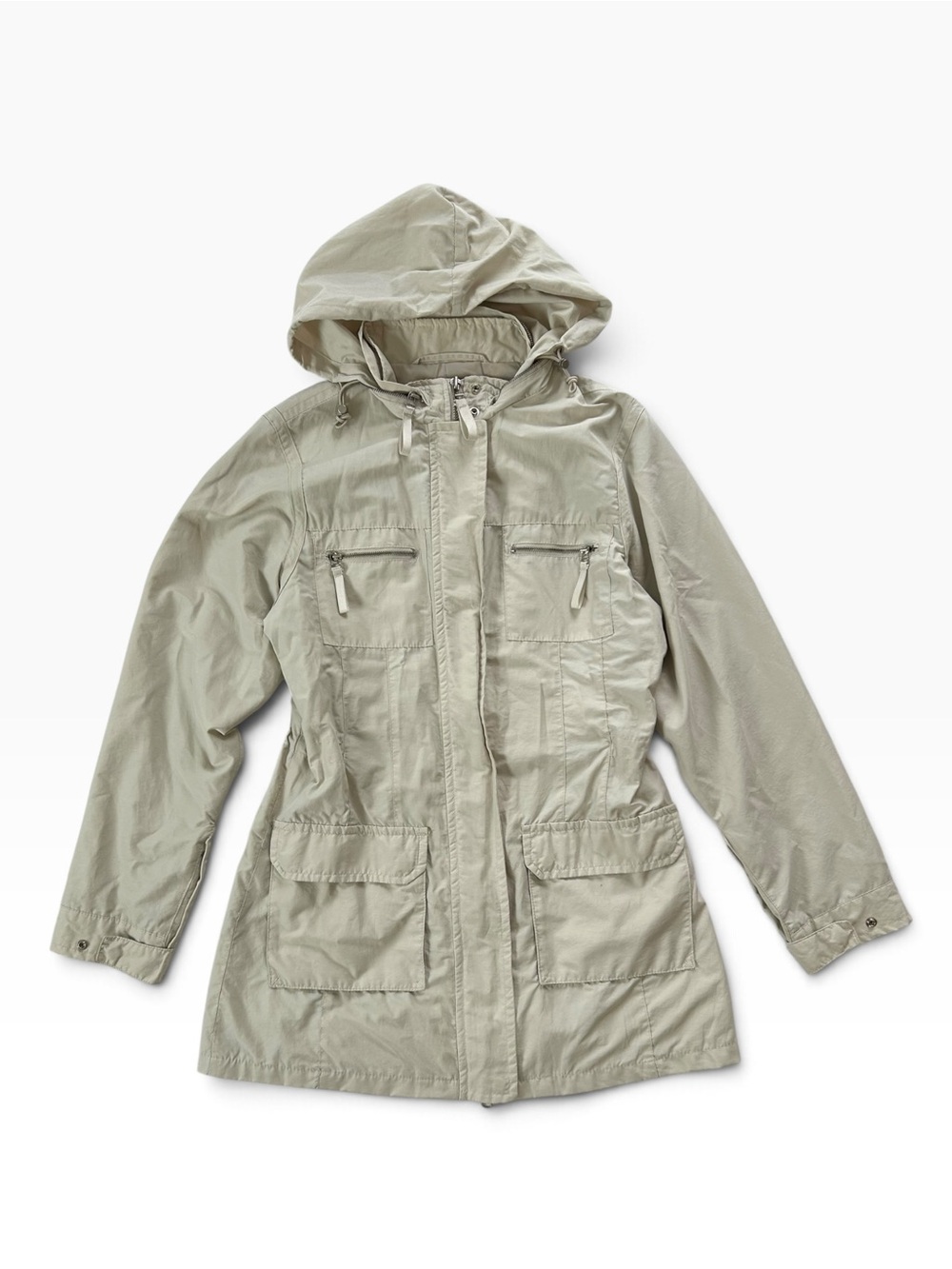 Vintage Y2K Light Beige Hooded Utility Anorak Rain Jacket Parka